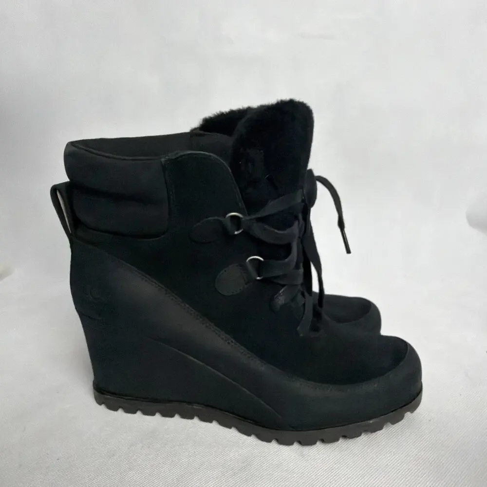 UGG Valory Black Suede & Leather Waterproof Wedge Lace up Ankle Booties Size 10